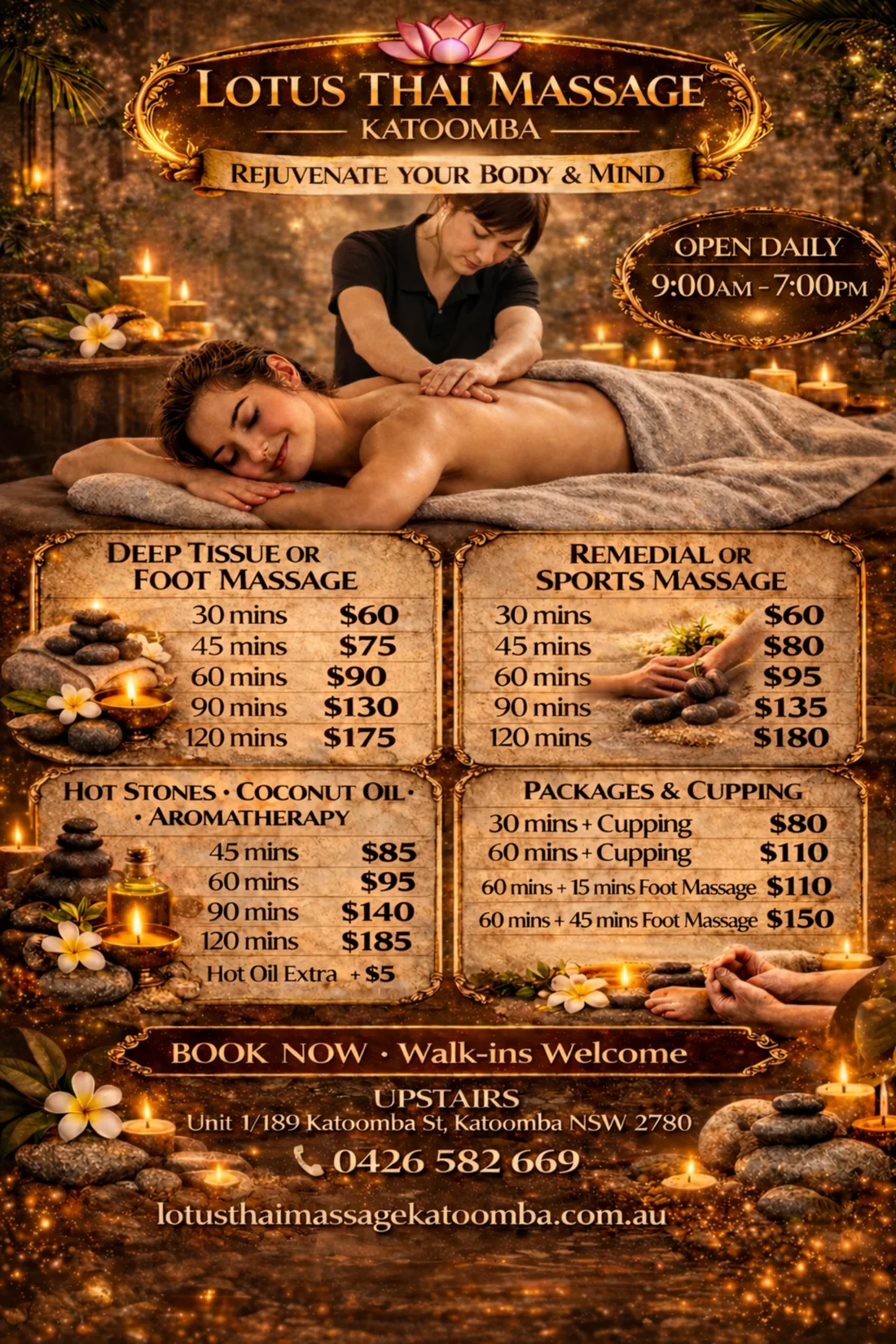 Lotus Thai Massage Katoomba popup price list with female therapist April 2026